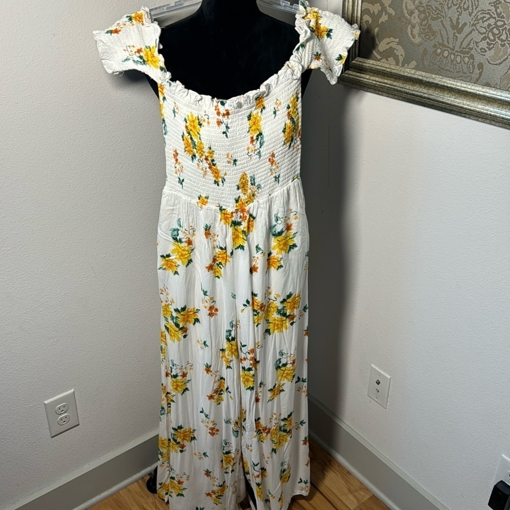 Minkpink Sz S smocked off the shoulder wide leg floral bloom print pantsuit - Picture 2 of 7